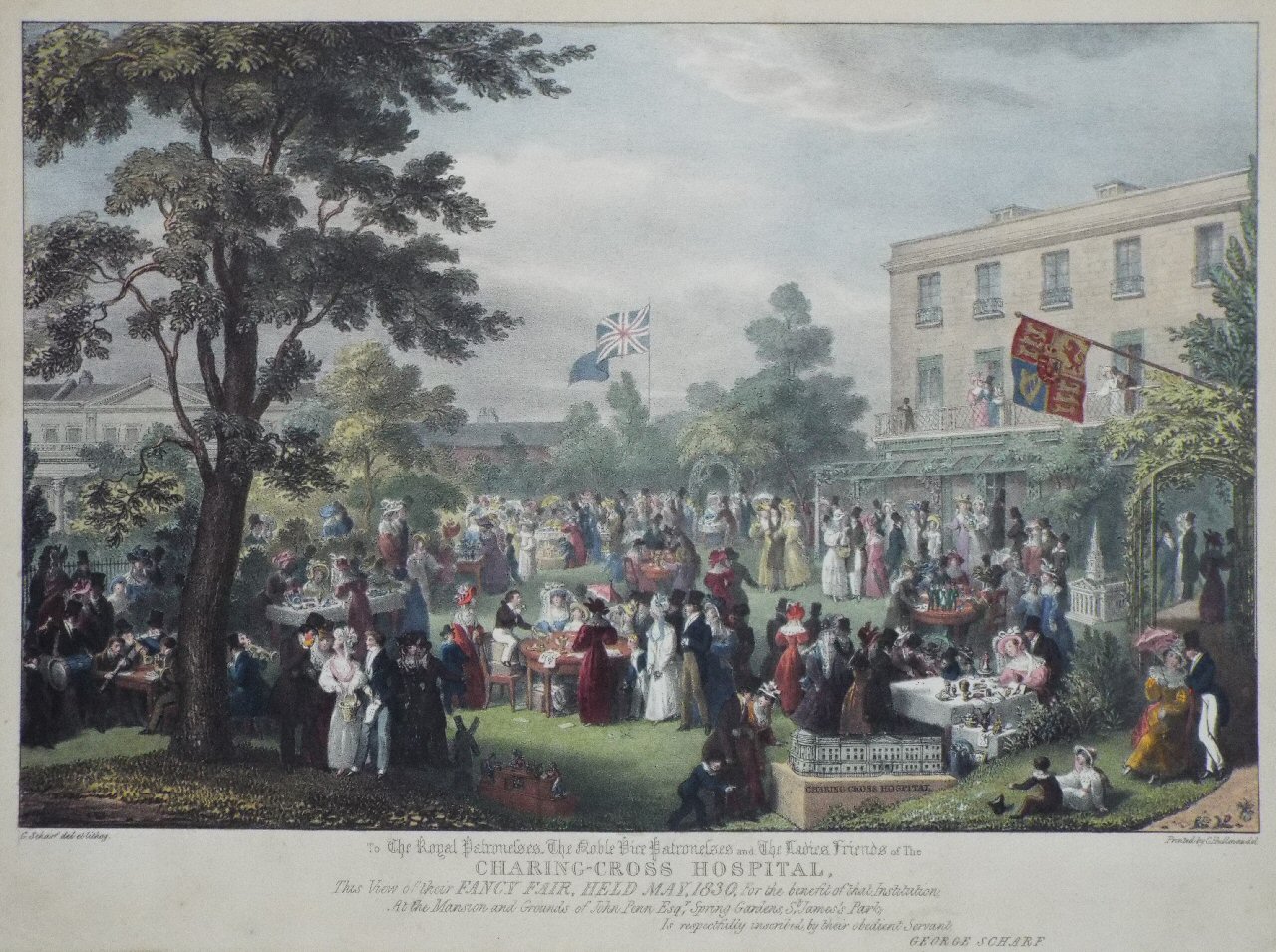 Lithograph - To the Royal Patronesses, The Noble Vice-Patronesses and the Ladies, Friends of The Charing-Cross Hospital, This View of their Fancy Fair, Held May 1830, For the benefit of that institution, At the Mansion and Grounds of John Penn Esqr, Spring Gardens, St. James's Park, Is respectfully inscribed by their obedient Servant, George Scharf. - Scharf